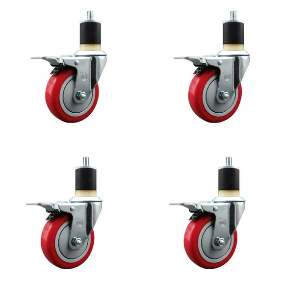 4 Inch Red Poly Swivel 1-7/8 Inch Expanding Stem Caster Set Total Lock Brake