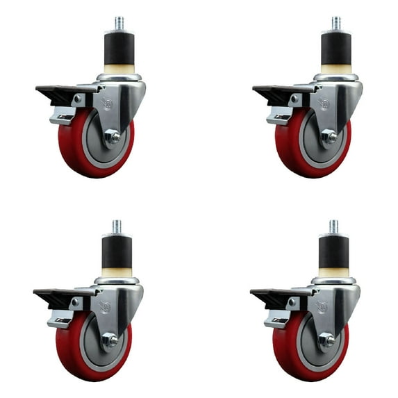 4 Inch Red Poly Swivel 1-7/8 Inch Expanding Stem Caster Set with Brake SCC