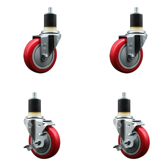 4 Inch Red Poly Wheel Swivel 1-7/8 Inch Expanding Stem Caster Set 2 Brakes SCC