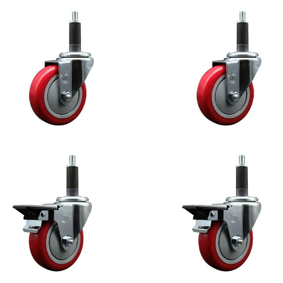 4 Inch Red Poly Wheel Swivel 1 Inch Expanding Stem Caster Set 2 Brakes SCC