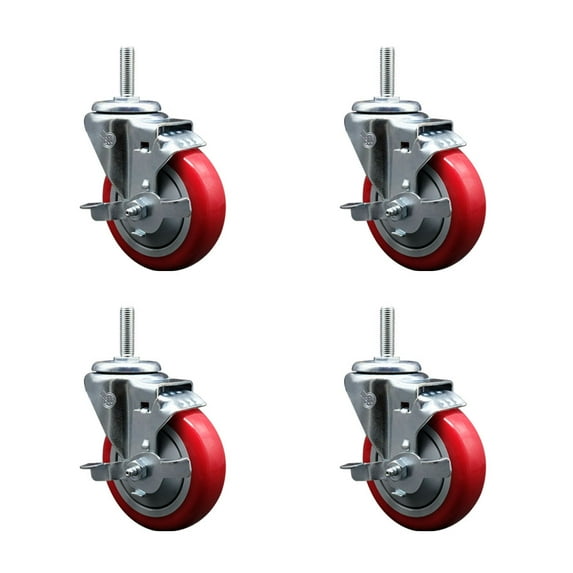 4 Inch Red Poly Wheel Swivel 5/8 Inch Threaded Stem Caster Set with Brake