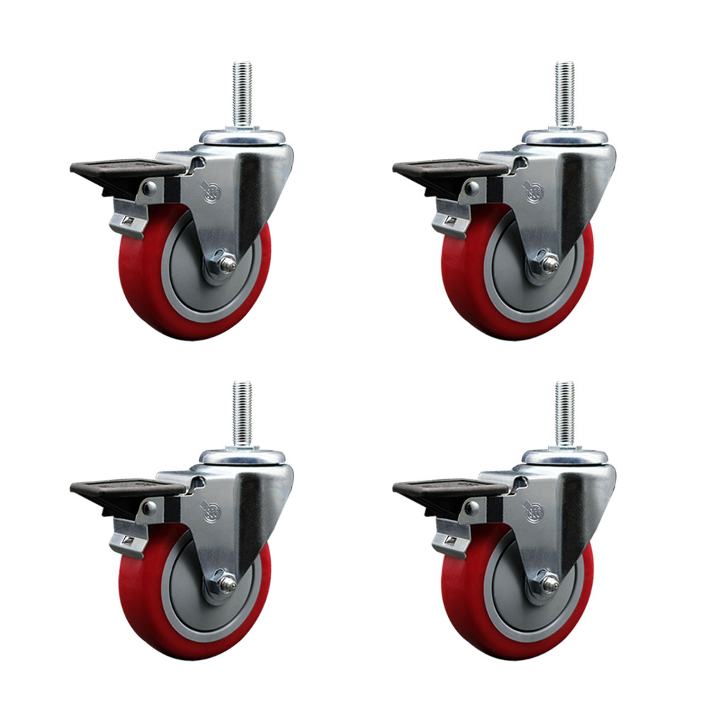 4 Inch Red Poly Wheel Swivel 5/8 Inch Threaded Stem Caster Set with Brake
