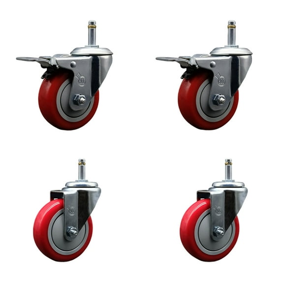 4 Inch Red Poly Wheel Swivel 7/16 Inch Stem Caster Set 2 Total Lock Brake