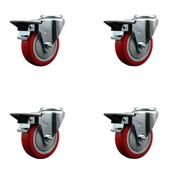 4 Inch Red Poly Wheel Swivel Bolt Hole Caster Set with Posi Lock Brakes SCC