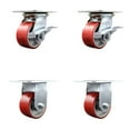 thumbnail image 1 of 4 Inch Red Poly on Cast Iron Caster Set with Ball Bearing 2 Brakes and 2 Rigid, 1 of 2