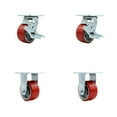 thumbnail image 1 of 4 Inch Red Poly on Cast Iron Caster Set with Ball Bearings 2 Brakes 2 Rigid SCC, 1 of 2