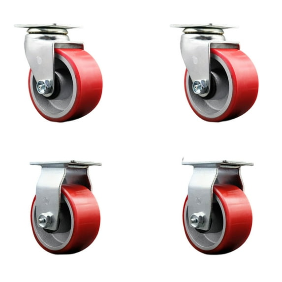 4 Inch Red Poly on Cast Iron Caster Set with Roller Bearings 2 Swivel 2 Rigid