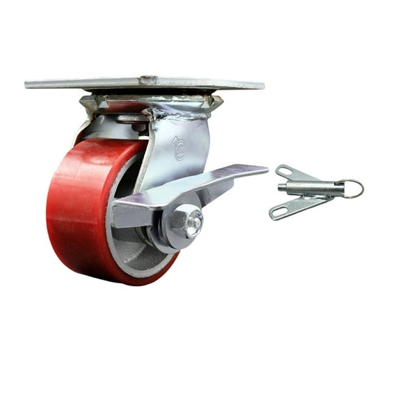 4 Inch Red Poly on Cast Iron Caster with Roller Bearing and Brake/Swivel Lock