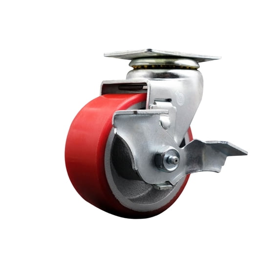 4 Inch Red Poly on Cast Iron Swivel Caster with Ball Bearing and Brake SCC