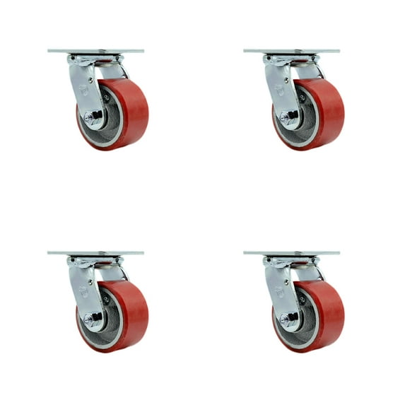 4 Inch Red Poly on Cast Iron Wheel Swivel Caster Set with Roller Bearings SCC