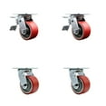 thumbnail image 1 of 4 Inch Red Poly on Steel Caster Set with Roller Bearing 2 Total Lock Brake SCC, 1 of 2