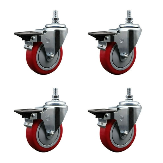 4 Inch Red Polyurethane ½ Inch Threaded Stem Caster Set with Brake