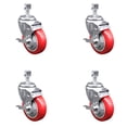 thumbnail image 1 of 4 Inch Red Polyurethane Swivel 12mm Threaded Stem Caster Set with Brake, 1 of 2