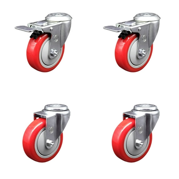 4 Inch Red Polyurethane Swivel Bolt Hole Caster Set with 2 Total Lock Brake