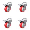 thumbnail image 1 of 4 Inch Red Polyurethane Swivel Bolt Hole Caster Set with Total Lock Brake SCC, 1 of 2