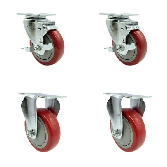 4 Inch Red Polyurethane Swivel Top Plate Caster Set with 2 Brakes 2 Rigid SCC
