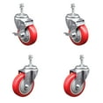 thumbnail image 1 of 4 Inch Red Polyurethane Wheel Swivel 10mm Threaded Stem Caster Set 2 Brake, 1 of 2