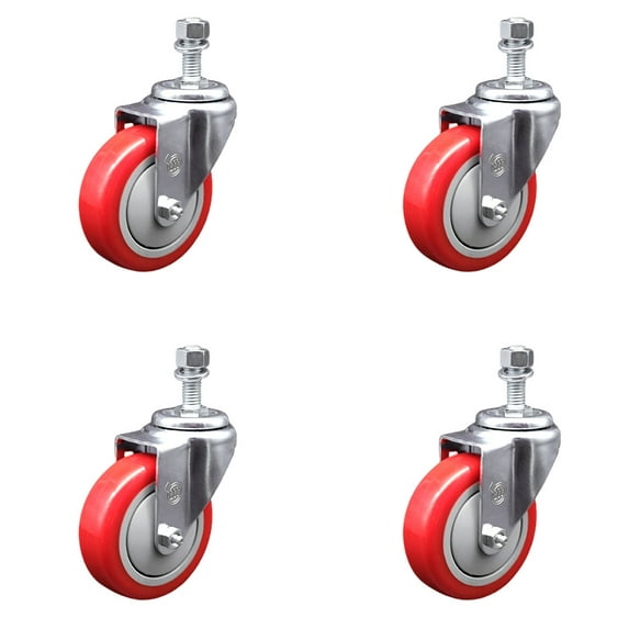 4 Inch Red Polyurethane Wheel Swivel 12mm Threaded Stem Caster Set SCC