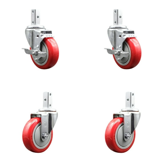 4 Inch Red Polyurethane Wheel Swivel 3/4 Inch Square Stem Caster Set 2 Brakes