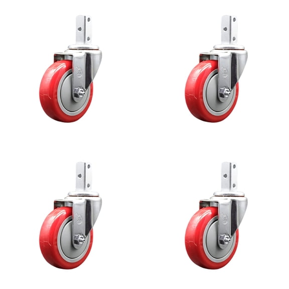 4 Inch Red Polyurethane Wheel Swivel 3/4 Inch Square Stem Caster Set SCC