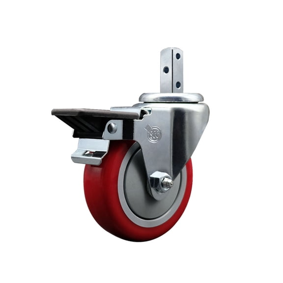 4 Inch Red Polyurethane Wheel Swivel 3/4 Inch Square Stem Caster with Brake