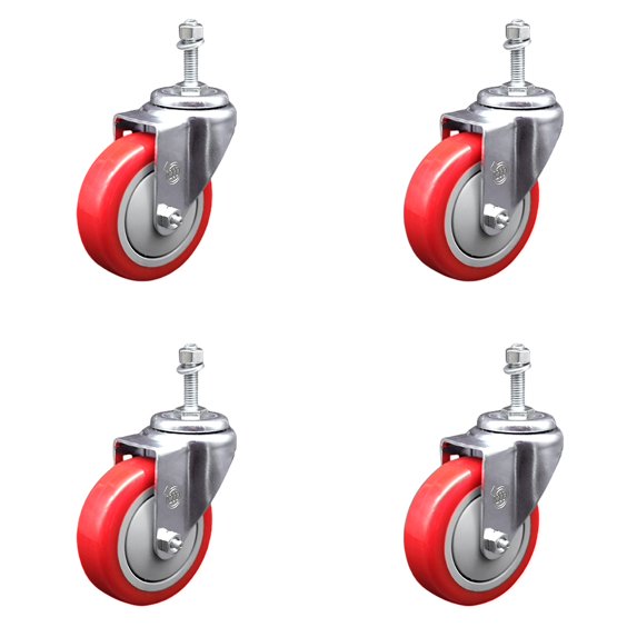 4 Inch Red Polyurethane Wheel Swivel 3/8 Inch Threaded Stem Caster Set SCC