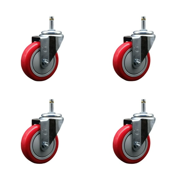 4 Inch Red Polyurethane Wheel Swivel 7/16 Inch Grip Ring Stem Caster Set SCC