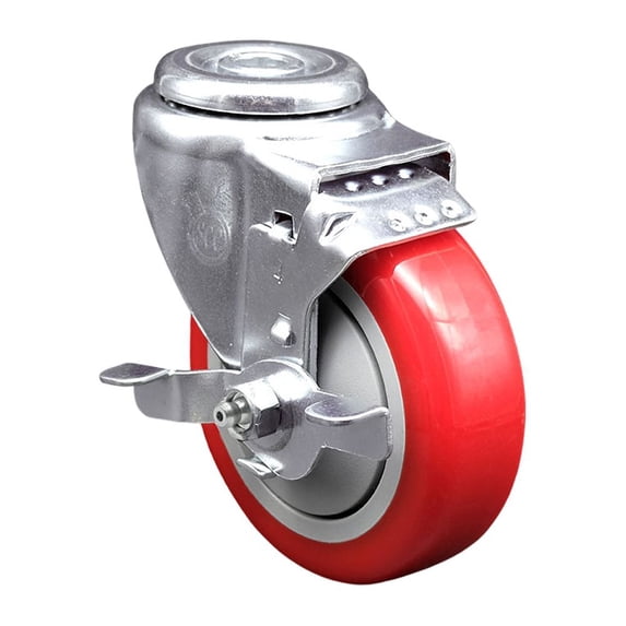 4 Inch Red Polyurethane Wheel Swivel Bolt Hole Caster with Brake SCC