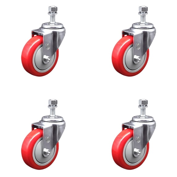 4 Inch Red Polyurethane Wheel Swivel ½ Inch Threaded Stem Caster Set SCC
