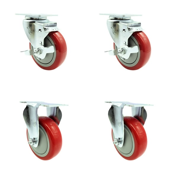 4 Inch Red Polyurethane Wheel Swivel Top Plate Caster Set with 2 Brake 2 Rigid