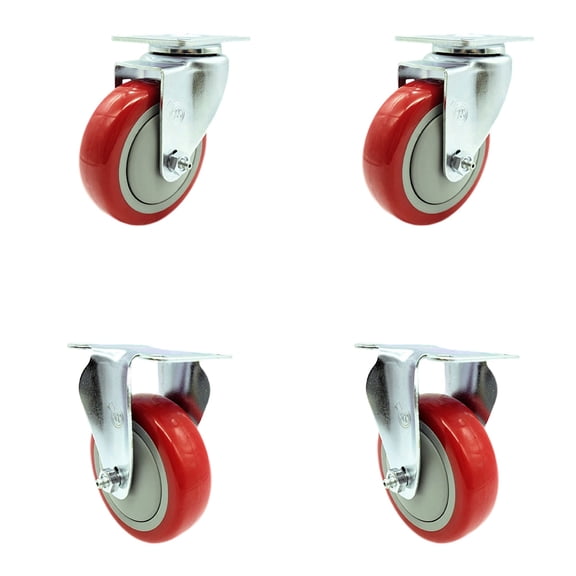4 Inch Red Polyurethane Wheel Swivel Top Plate Caster Set with 2 Rigid SCC