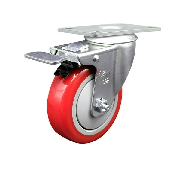 4 Inch Red Polyurethane Wheel Swivel Top Plate Caster with Total Lock Brake