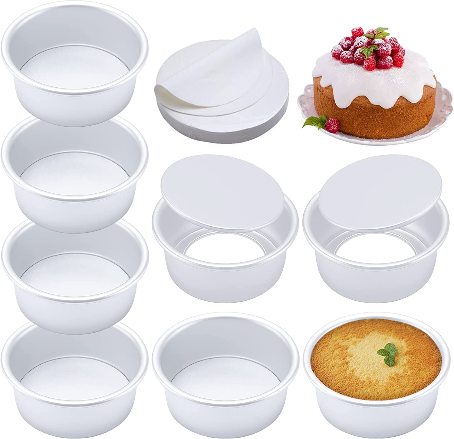 4 Inch Round Cake Pan Set of 8, Nonstick Aluminum Baking Pans with 100 ...