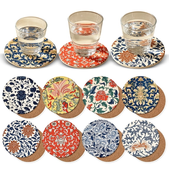 4 Inch Round Ceramic Drink Coasters, Floral Coasters, Absorbent Coasters, Non Slip Coasters, Vintage Blue and Terracotta Floral Pattern Heat Insulation Pad with Soft Cork Backing
