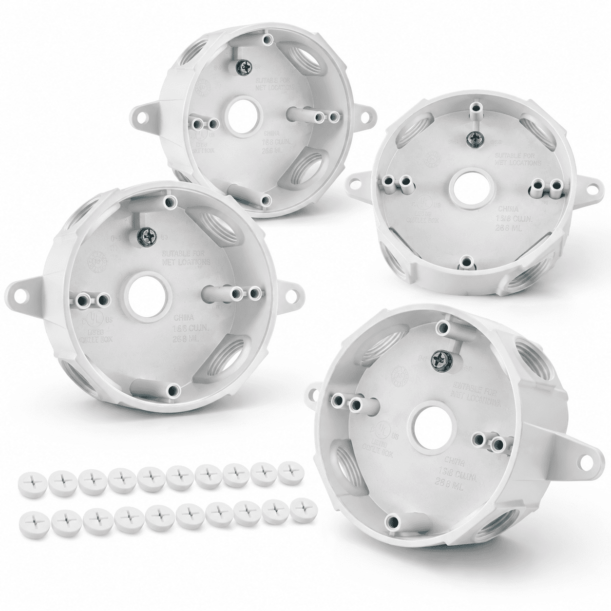 4 Inch Round Metal Electrical Box, White, 1/2 Inch Threaded Holes ...