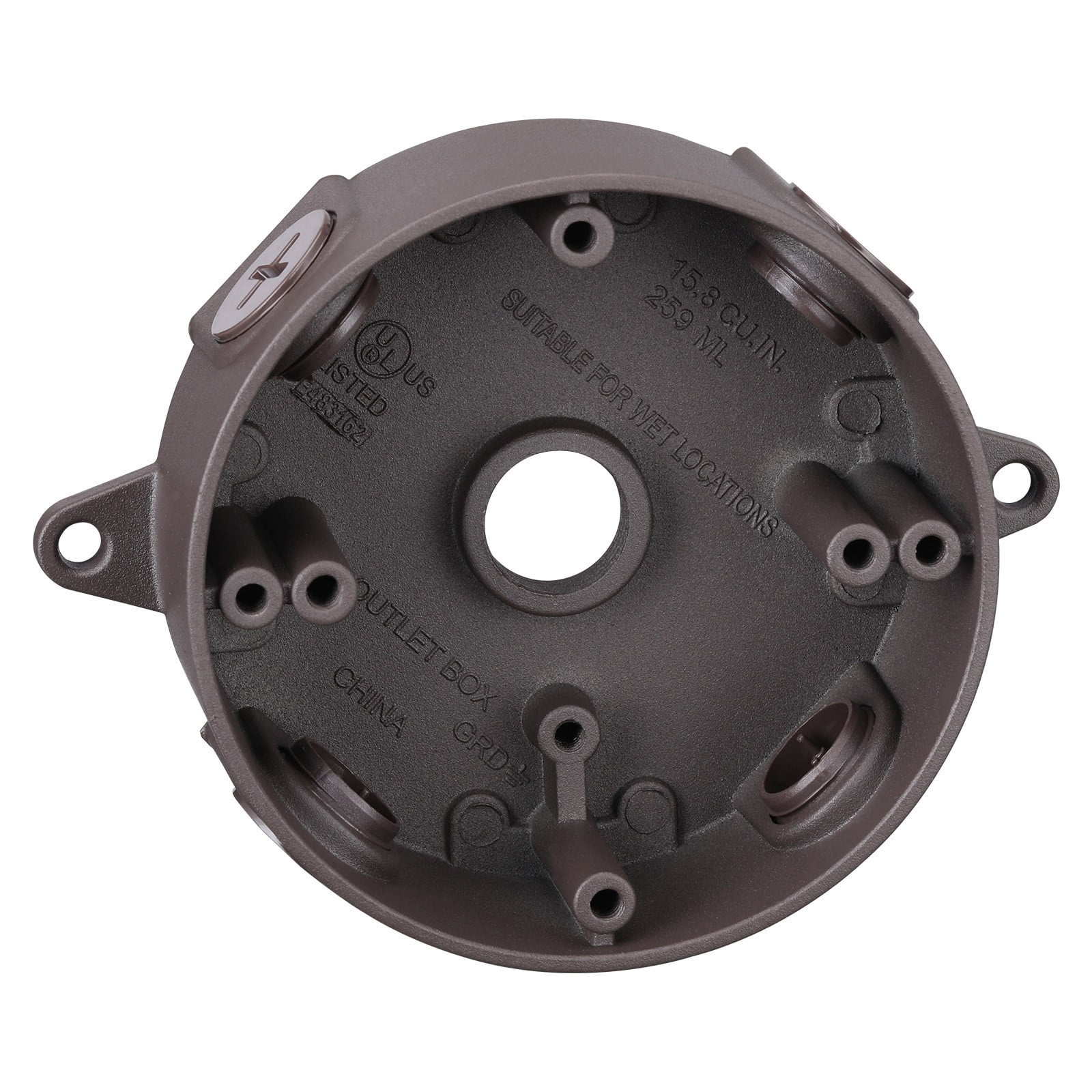 4 Inch Round Outdoor Electrical Box with Cover, Die-Cast Aluminum, IP65 Weatherproof, Six 1/2-Inch Knockouts, UL Listed, 16 Cubic Inch, Brown