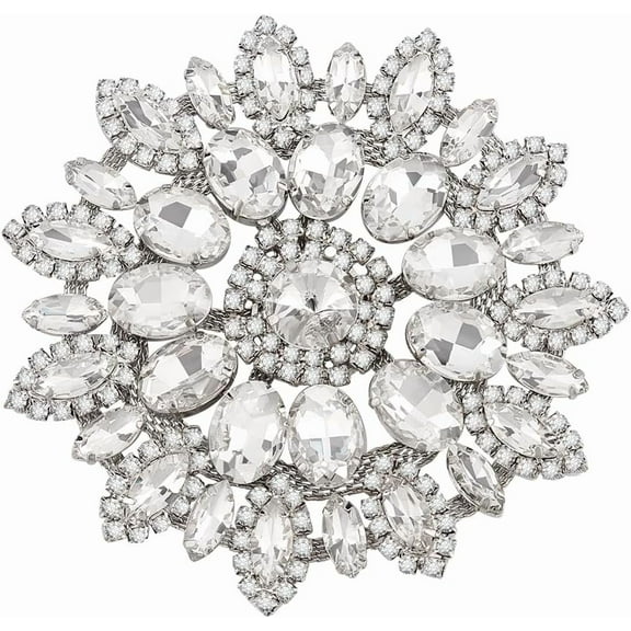 4 Inch Round Rhinestone Applique with Metal Chain Back Platinum Patch Rhinestone Appliques for Wedding Bridal Brooches Scarf Wedding Dress Clothes Shoes DIY Garments Decoration Silver