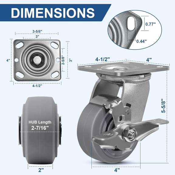 4 Inch Rubber Wheels Heavy Duty Casters with Brake - Industrial Flat Tread Caster Wheels for Utility Carts Dollies Maintenance Equipment