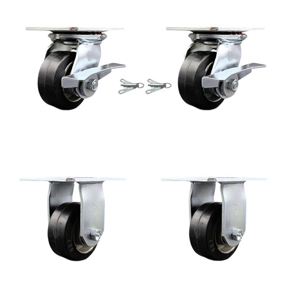 4 Inch Rubber on Aluminum Caster Set 2 Brakes/Swivel Locks and 2 Rigid SCC