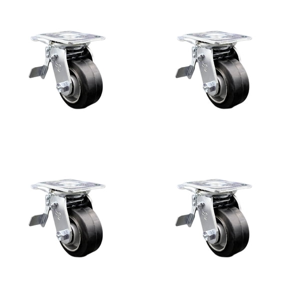 4 Inch Rubber on Aluminum Caster Set with Roller Bearing and Total Lock Brake