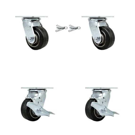 4 Inch Rubber on Aluminum Caster Set with Roller Bearings 2 Swivel Lock 2 Brake