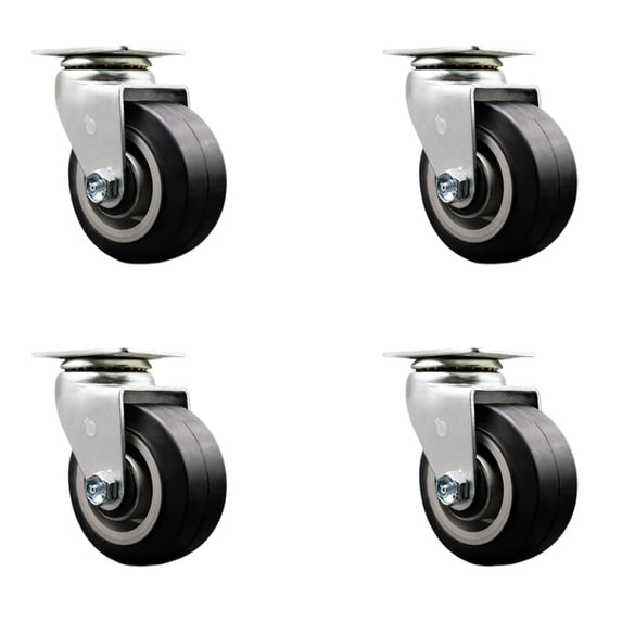 4 Inch Rubber on Aluminum Wheel Swivel Caster Set with Roller Bearings SCC