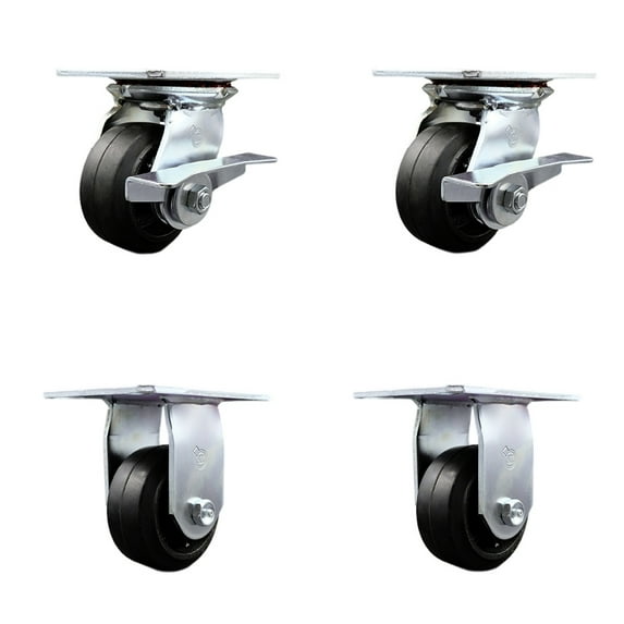 4 Inch Rubber on Steel Caster Set with Ball Bearing 2 Brakes and 2 Rigid SCC