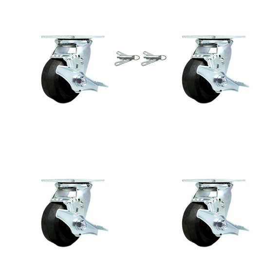 4 Inch Rubber on Steel Caster Set with Ball Bearings 4 Brake 2 Swivel Lock SCC