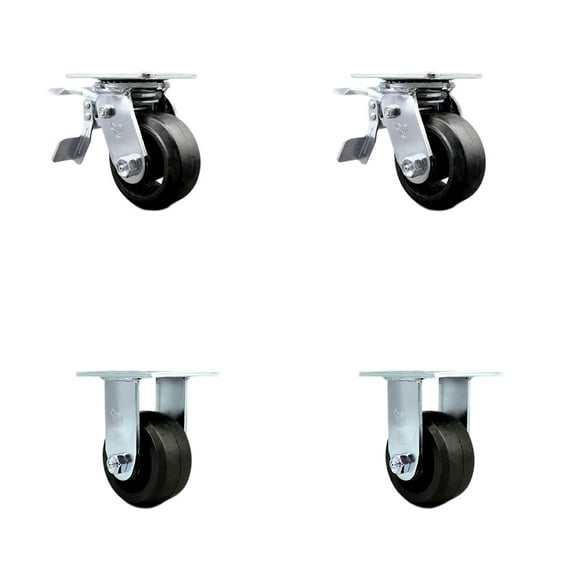 4 Inch Rubber on Steel Caster Set with Roller Bearings 2 Brakes 2 Rigid SCC