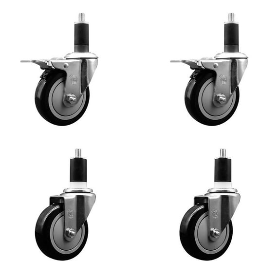 4 Inch SS Black Poly Swivel 1-1/2 Inch Expanding Stem Caster Set 2 Brakes