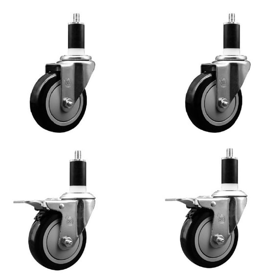 4 Inch SS Black Poly Swivel 1-3/8 Inch Expanding Stem Caster Set 2 Brakes
