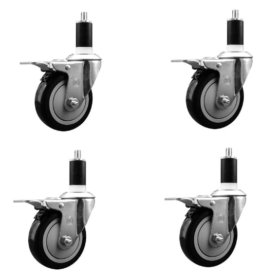 4 Inch SS Black Poly Swivel 1-3/8 Inch Expanding Stem Caster Set Total Lck Brake