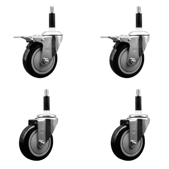 4 Inch SS Black Poly Swivel 7/8 Inch Expanding Stem Caster Set 2 Brakes