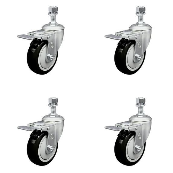4 Inch SS Black Polyurethane 12mm Threaded Stem Caster Set Total Lock Brake